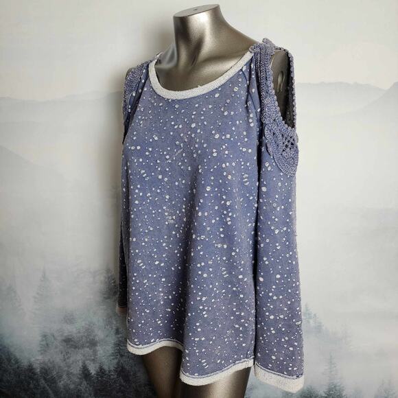 Oddi Distressed Cold-Shoulder Scoop Neck Blue Lace Sweater | Women's Large - Picture 1 of 11